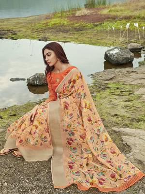Orange printed linen saree with blouse 2