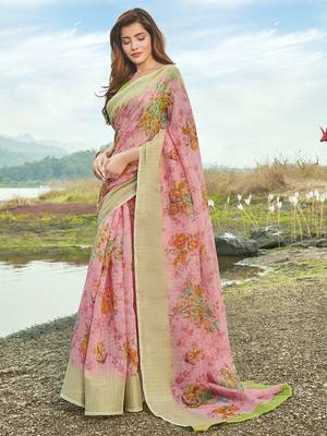 Pink printed linen saree with blouse 1