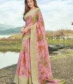Pink printed linen saree with blouse