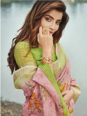 Pink printed linen saree with blouse 2