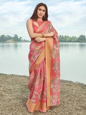 Pink printed linen saree with blouse 1