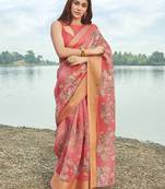 Pink printed linen saree with blouse