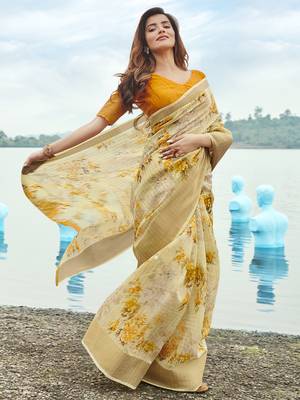 Yellow printed linen saree with blouse 1