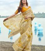 Yellow printed linen saree with blouse