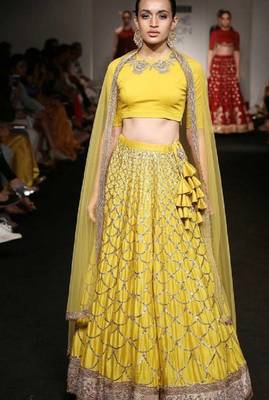 Yellow embroidered satin semi stitched lehenga 1