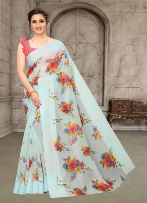 Sky blue printed cotton saree with blouse 1