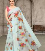 Sky blue printed cotton saree with blouse