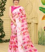 Pink printed cotton saree with blouse