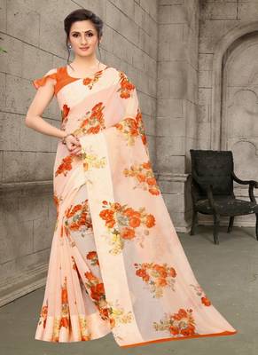 Orange printed cotton saree with blouse 1