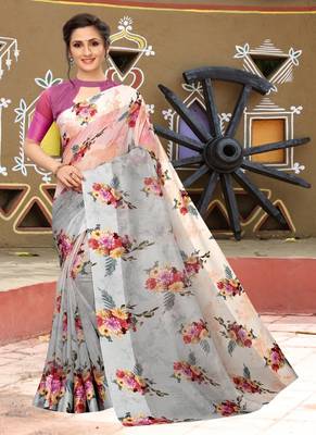 Grey printed cotton saree with blouse 1