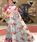 Grey printed cotton saree with blouse