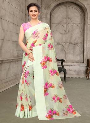 Parrot green printed cotton saree with blouse 1