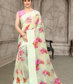 Parrot green printed cotton saree with blouse