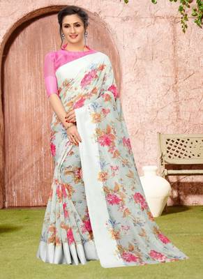 Grey printed cotton saree with blouse 1