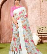 Grey printed cotton saree with blouse