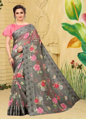 Dark grey printed cotton saree with blouse 1