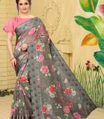 Dark grey printed cotton saree with blouse
