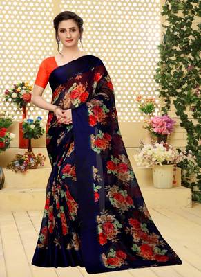Dark blue printed cotton saree with blouse 1
