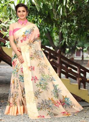 Cream printed cotton saree with blouse 1