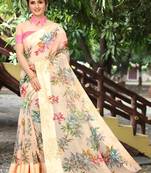 Cream printed cotton saree with blouse
