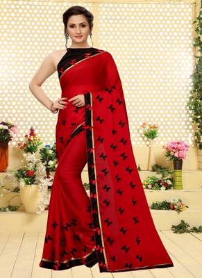 Red printed art silk saree with blouse 1