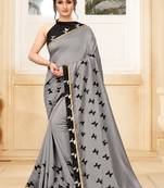 Grey printed art silk saree with blouse