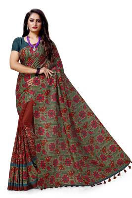 Green embroidered tussar silk saree with blouse 1