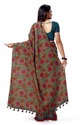 Green embroidered tussar silk saree with blouse 2