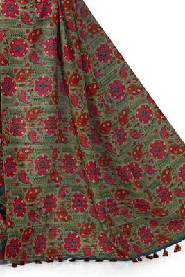 Green embroidered tussar silk saree with blouse 3