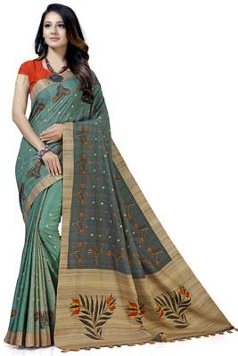 Green embroidered tussar silk saree with blouse 1