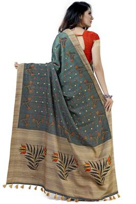 Green embroidered tussar silk saree with blouse 2