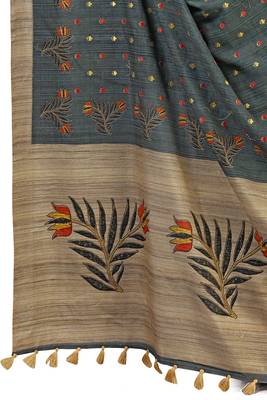 Green embroidered tussar silk saree with blouse 3