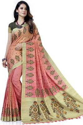 Pink embroidered tussar silk saree with blouse 1