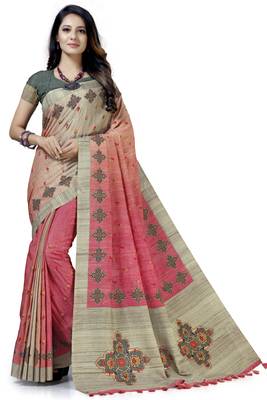 Pink embroidered tussar silk saree with blouse 1