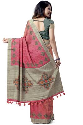 Pink embroidered tussar silk saree with blouse 2
