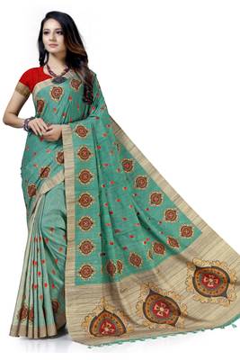 Green embroidered tussar silk saree with blouse 1