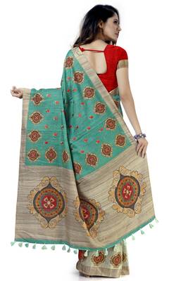 Green embroidered tussar silk saree with blouse 2