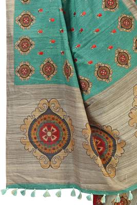 Green embroidered tussar silk saree with blouse 3
