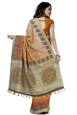 Orange embroidered tussar silk saree with blouse 2