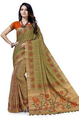 Green embroidered tussar silk saree with blouse 1