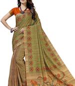 Green embroidered tussar silk saree with blouse