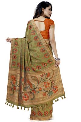 Green embroidered tussar silk saree with blouse 2