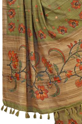Green embroidered tussar silk saree with blouse 3