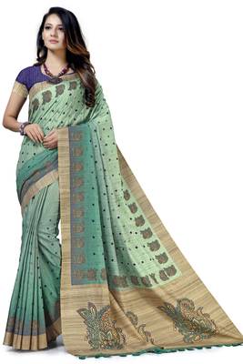 Turquoise embroidered tussar silk saree with blouse 1