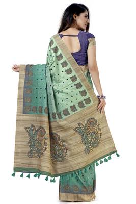 Turquoise embroidered tussar silk saree with blouse 2