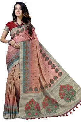 Pink embroidered tussar silk saree with blouse 1