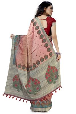 Pink embroidered tussar silk saree with blouse 2
