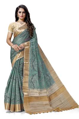 Turquoise woven silk saree with blouse 1