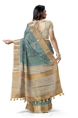 Turquoise woven silk saree with blouse 2