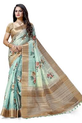 Turquoise woven silk saree with blouse 1